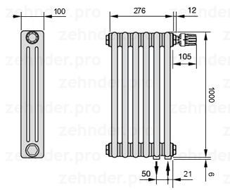 Схема (чертеж) Радиатор Zehnder Charleston 3100/6 №V002 Белый глянцевый RAL 9016